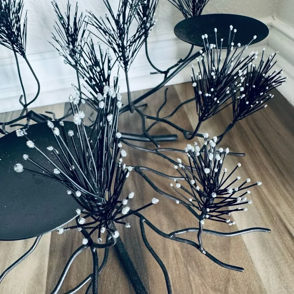 Black Metal Pine Branch Holiday Candle Holder Decor Centerpiece